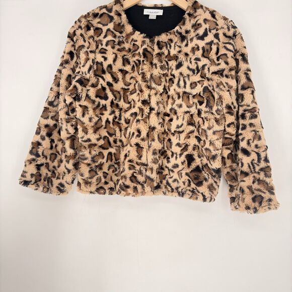Calvin Klein Leopard Faux Fur Jacket Brown Black Animal Print Women’s Size M - Picture 1 of 10